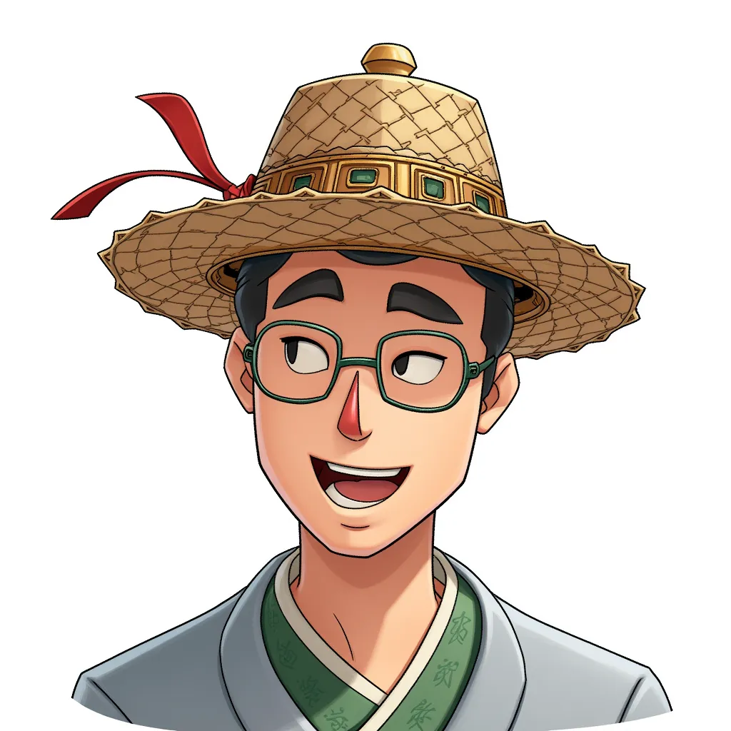 chinese man straw hat, line for eyes