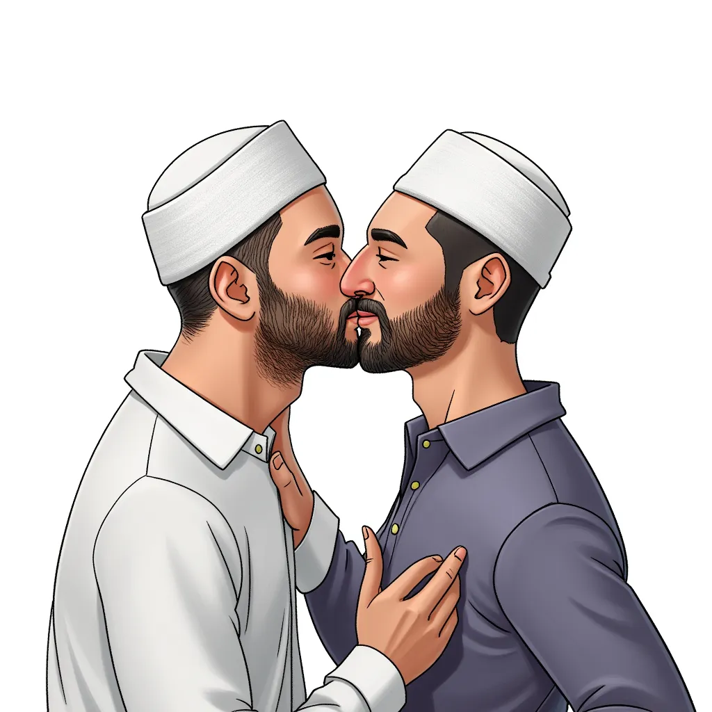two muslim men kissing