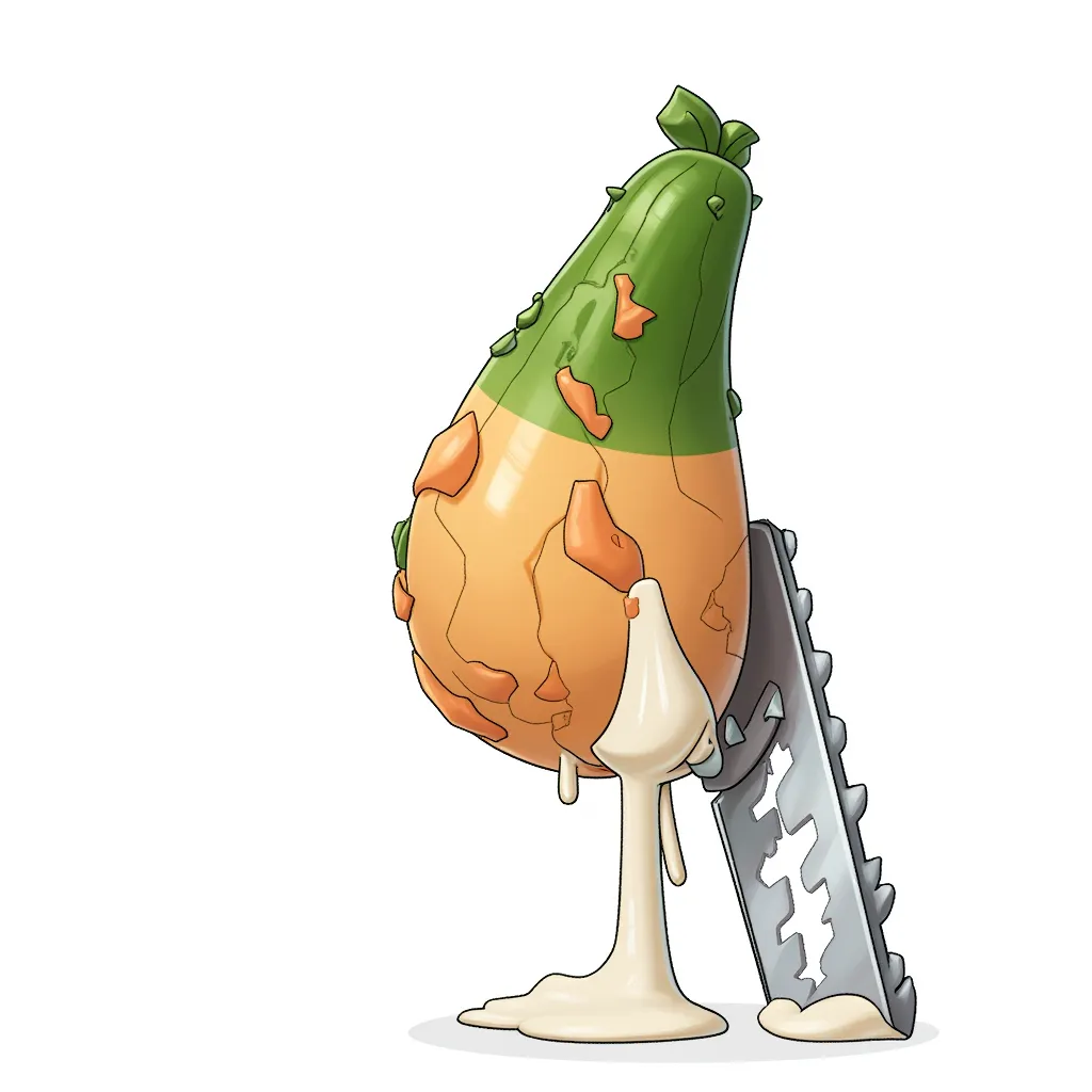 Huge penis-looking tan and veined cucumber accidentally chopped in half by a chain saw, instead of blood, white yogurt spills from the wounds at the bulging tip onto the peach ice cream center shaft