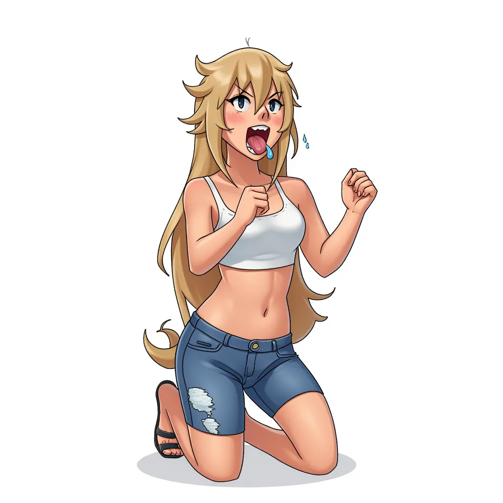 female kneeling, mouth open, tongue out, drooling in the style of AIBG, white background