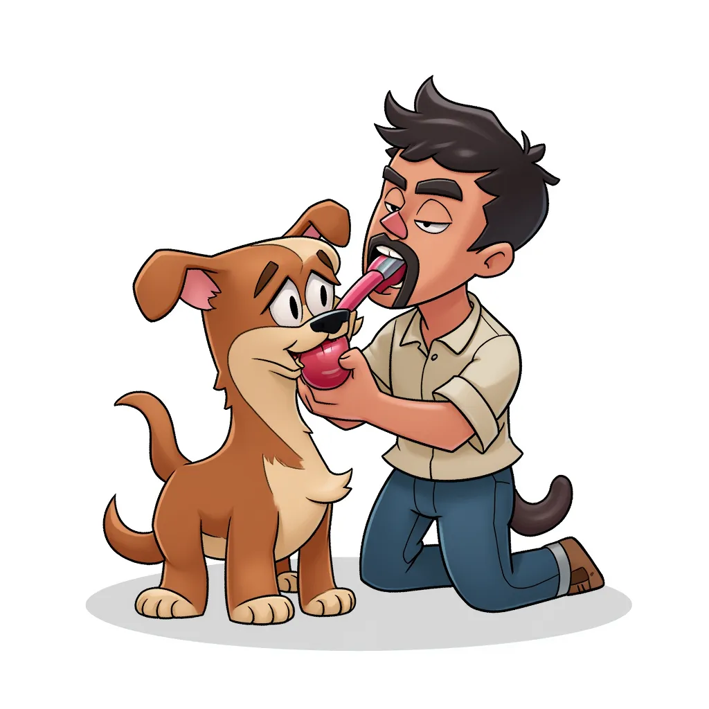 a dog sucking a man's dick. blowjob. oral.