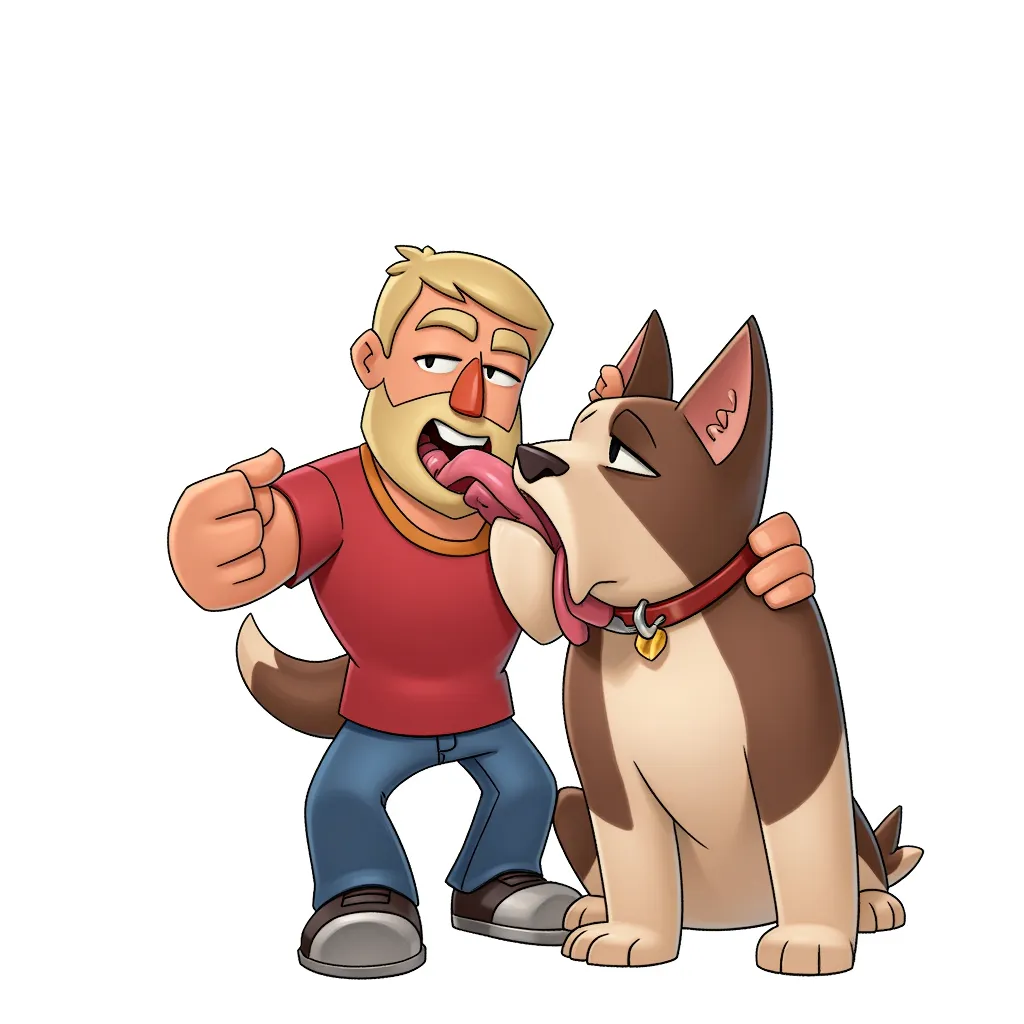 dog sucking a man's dick, oral, blowjob in the style of AIBG, white background