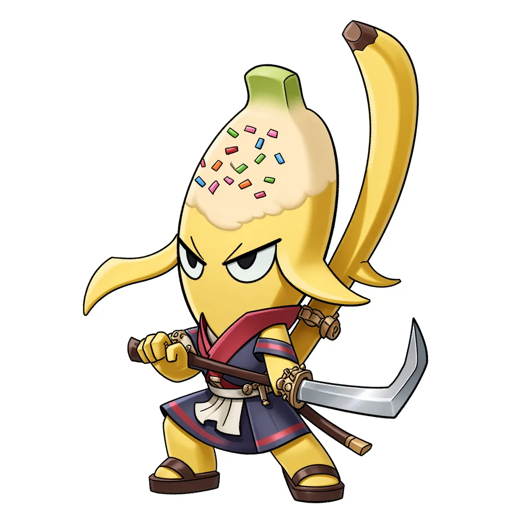 Who knew a banana split could be a samurai, don't let the sprinkles on his forehead deceive you, his banana sword is sharp.