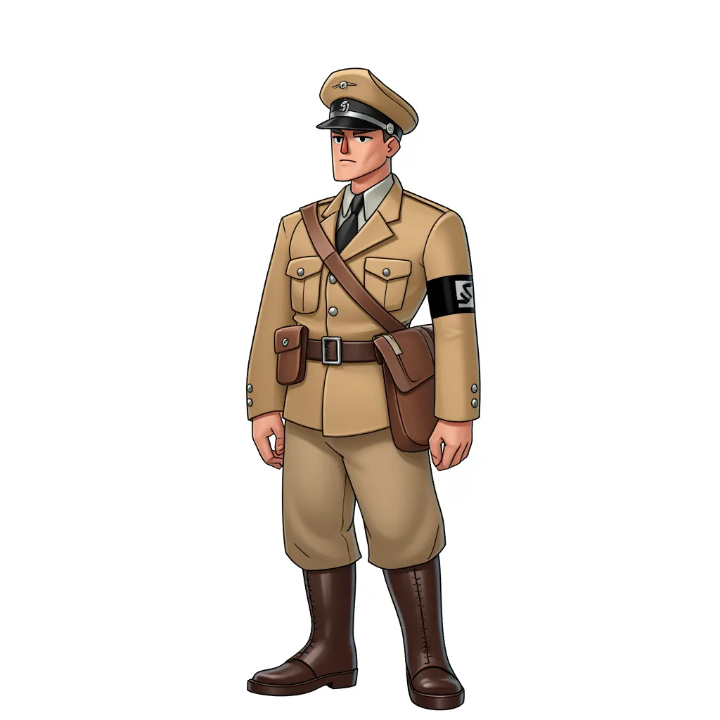 a white man in a tan SS uniform in the style of AIBG, white background