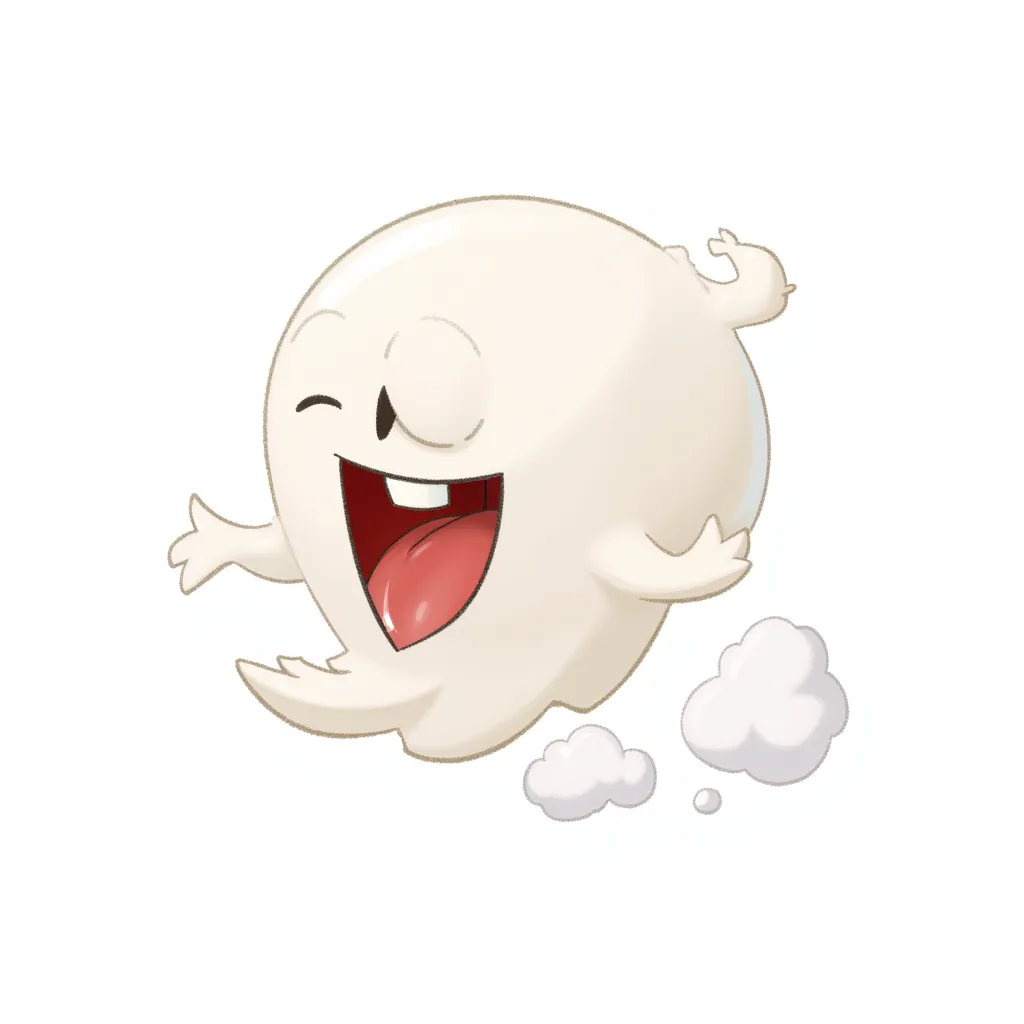 cartoon illustration of a happy floating ghost made of soft white mist, big smiling mouth with tongue out, cheerful expression, small trailing cloud puffs behind it, clean line art, soft watercolor-like shading, centered on white background, cute chibi style, digital art, playful tone