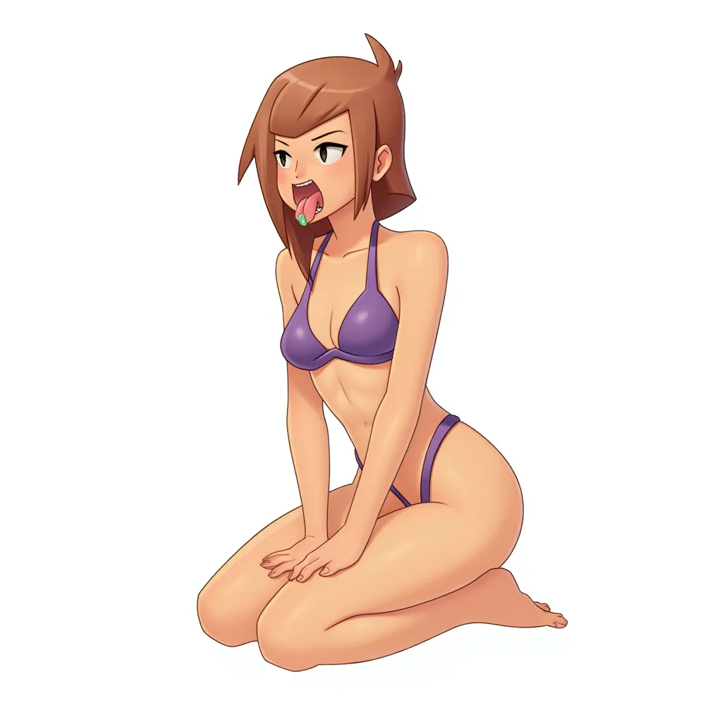 female kneeling, mouth open, tongue out, drooling, wearing bikini