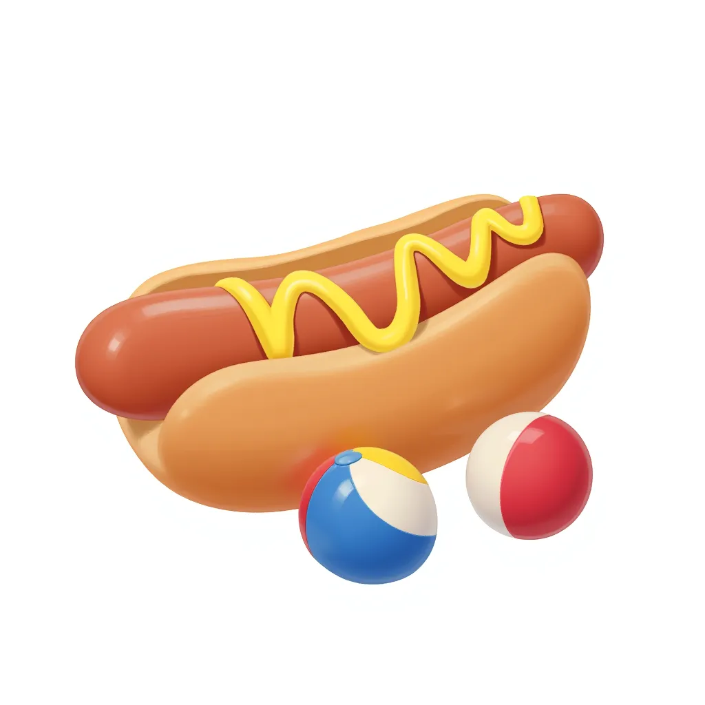 a hot dog with no bun and two beach balls at its feet