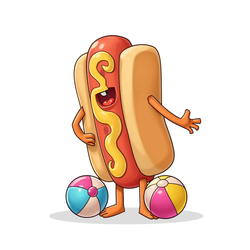 A standing hotdog with two beachballs at its feet