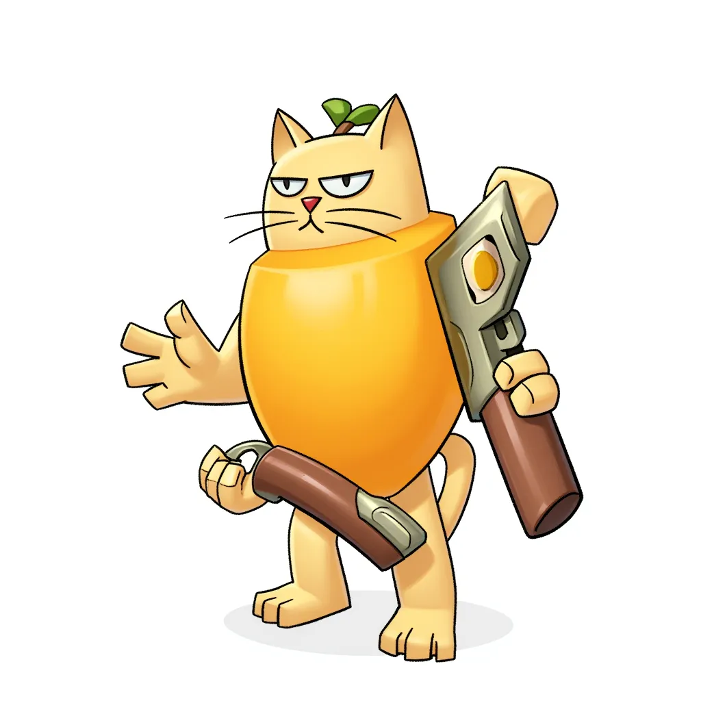 half mango half cat with bazooka arms in the style of AIBG, white background, full body shot