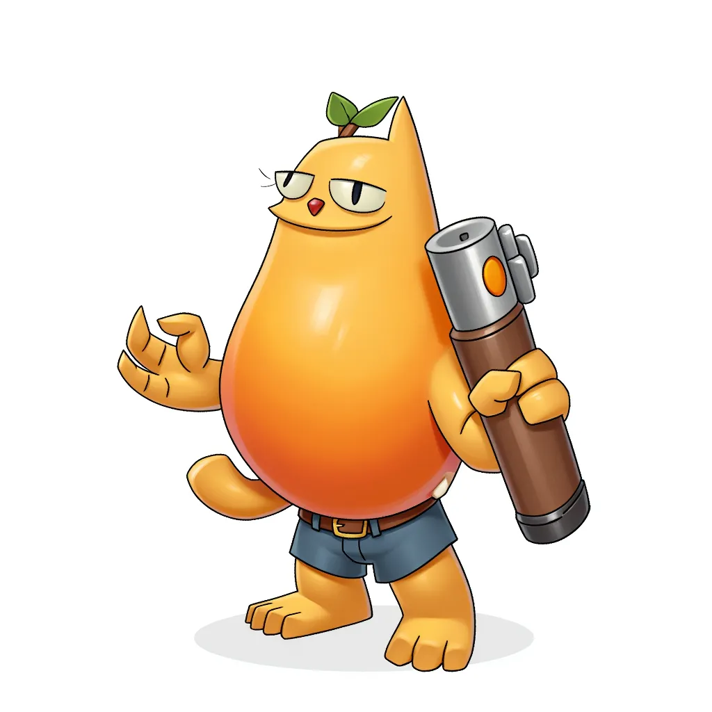 half mango half cat with bazooka arms in the style of AIBG, white background, full body shot