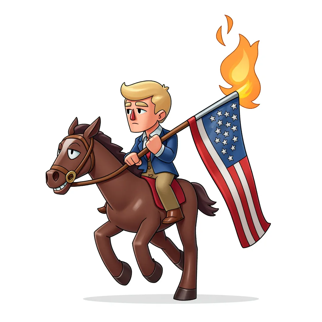 Putin riding trump with a burning american flag in the style of AIBG, white background