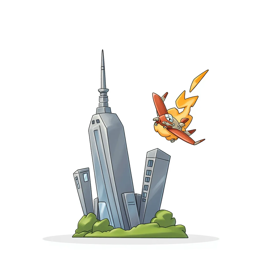 plane flying next to tall building, explosion fire in the style of AIBG, white background