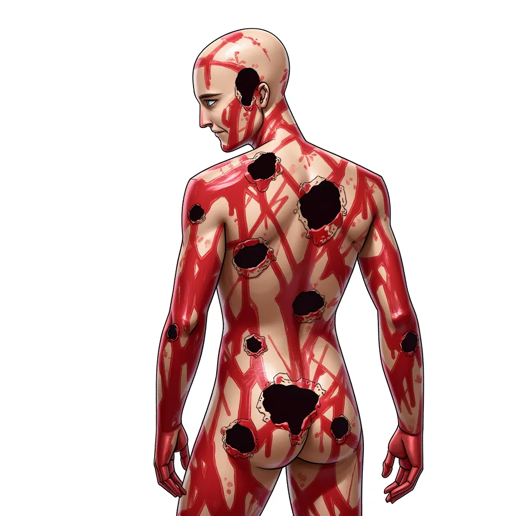Full body covered in blood, with multiple huge bullet holes that look suspiciously like puckered buttholes
