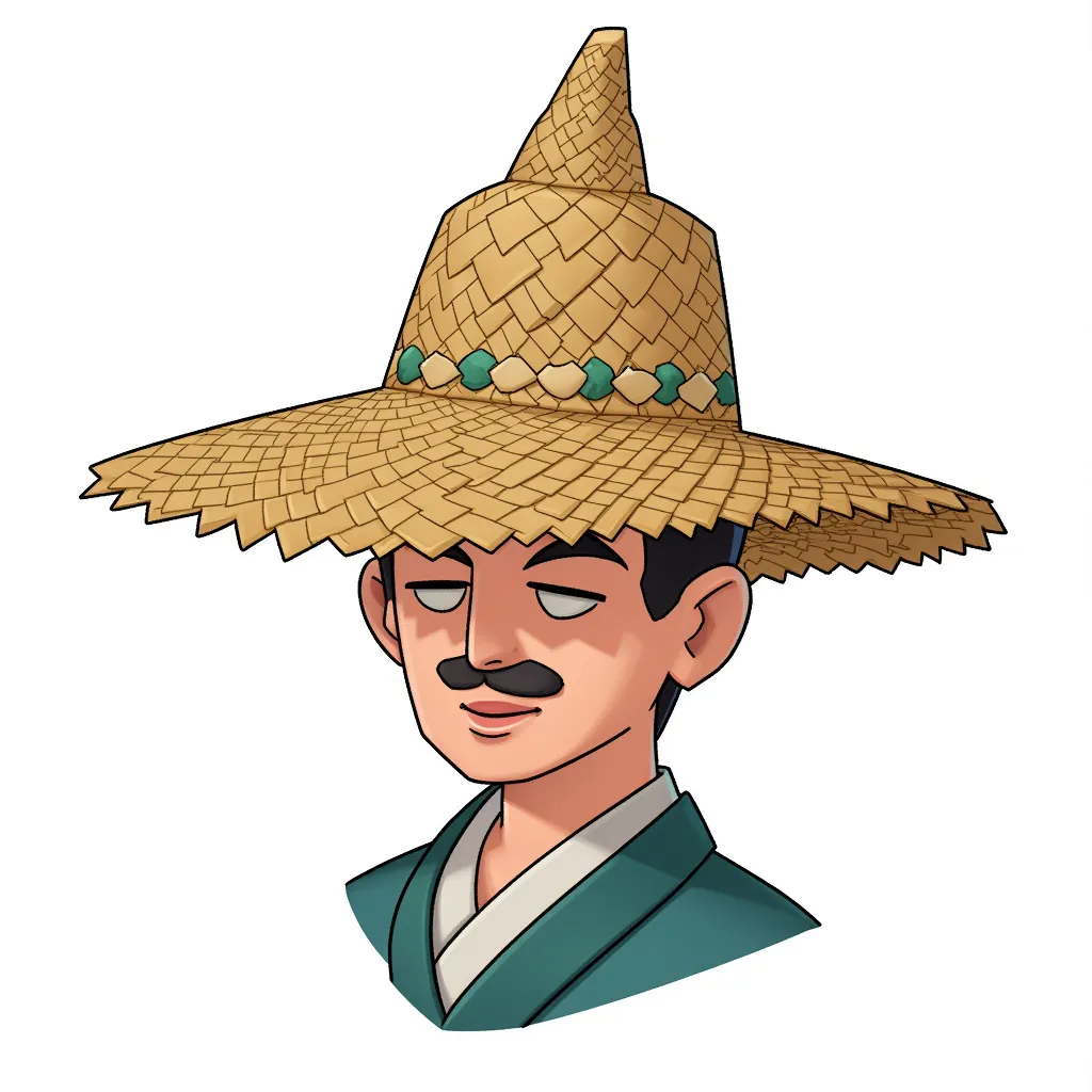 chinese man straw hat, line for eyes