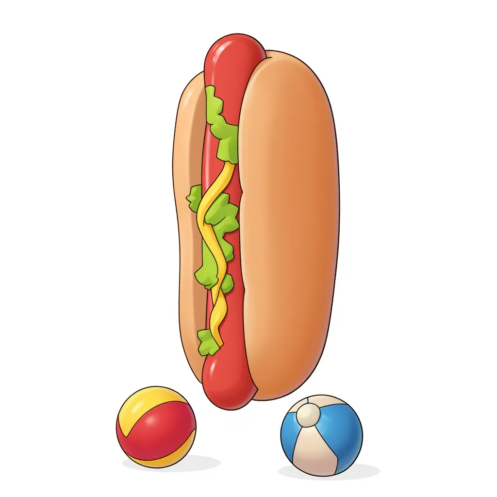 A standing hotdog with two beachballs at its feet