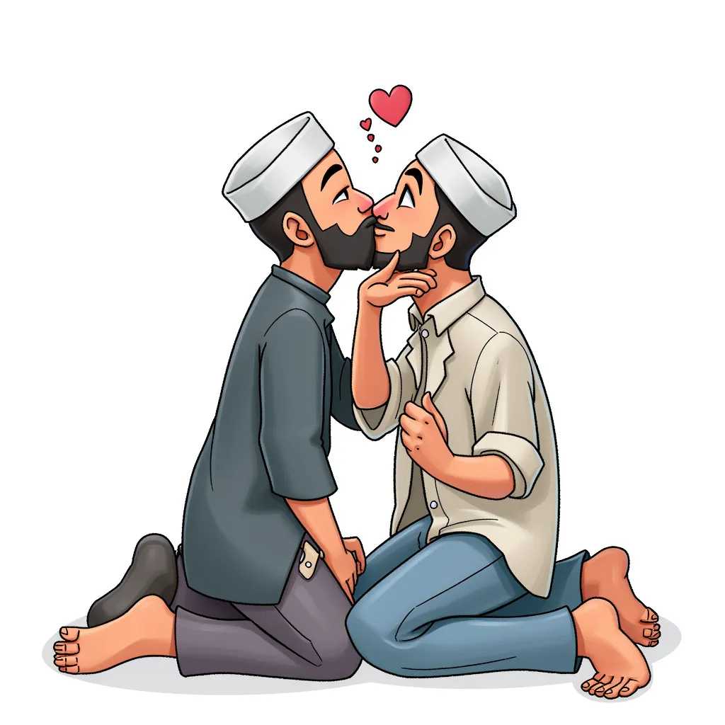 two muslim men kissing
