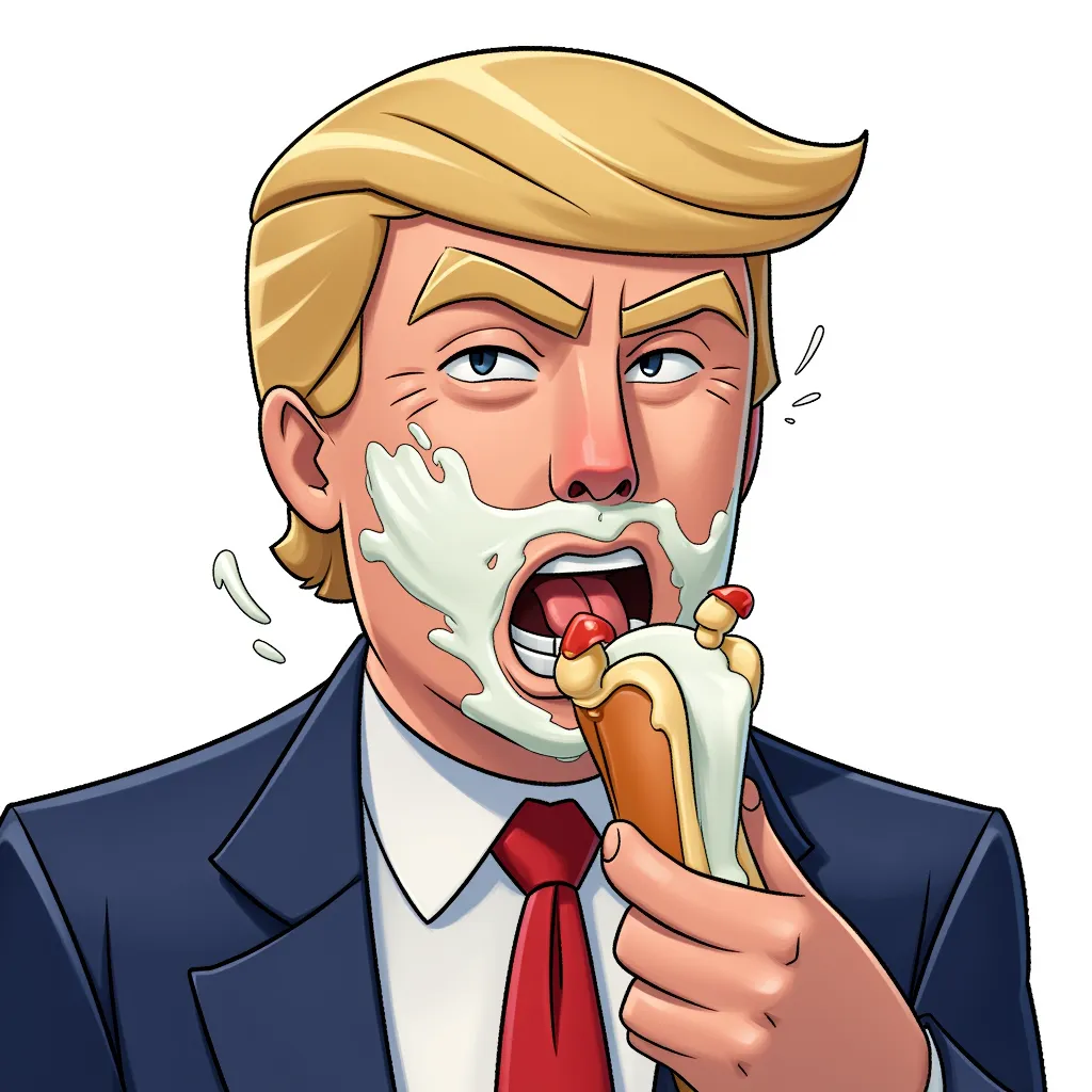 Donald Trump sumptuously enjoying huge amounts of sticky white goopy milk yogurt splattered on his face coming from a tan hot dog with a mushroom end that he is staring at longingly enjoying himself and all of this sticky goop on him