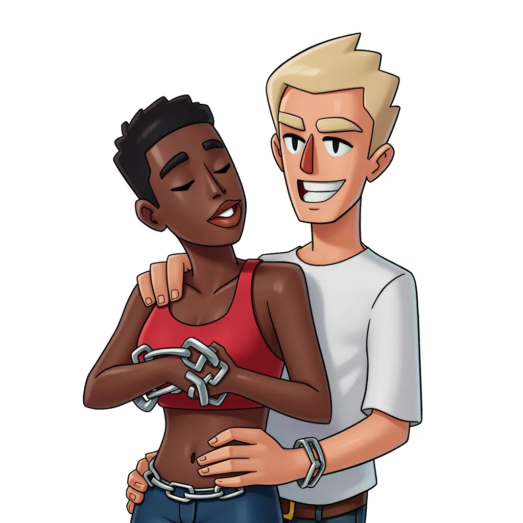 a white man escorting a black woman in chains