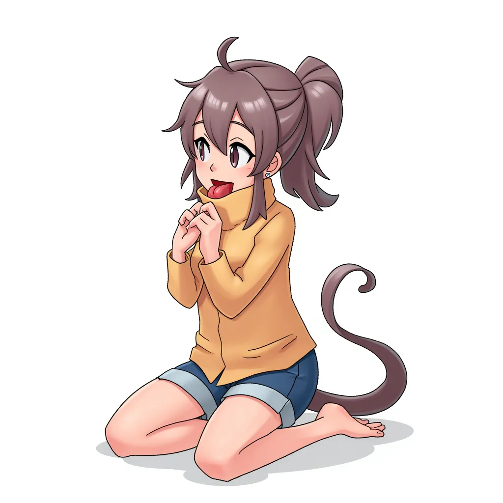 female kneeling, mouth open, tongue out