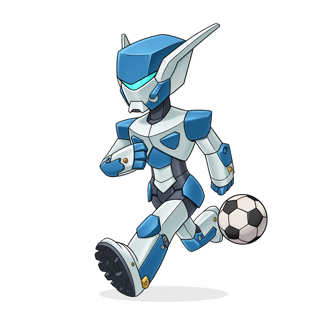 cartoon illustration of a humanoid robot kicking a soccer ball, sleek blue and white armor, glowing visor, athletic running pose, clean line art, flat digital shading, centered on white background, futuristic chibi sports character, digital art