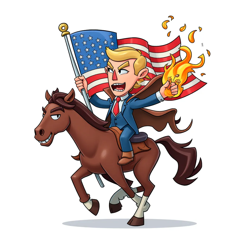 Putin riding trump with a burning american flag in the style of AIBG, white background