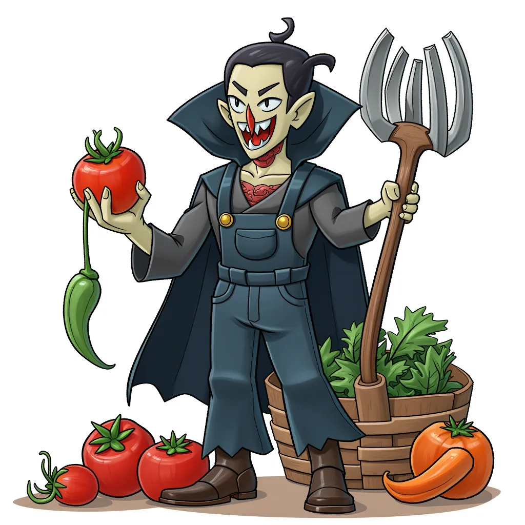 Vegan dracula realized that tomatoes can speak, and scream in fear as well. He now harvests his preys wearing some nice dark overalls.