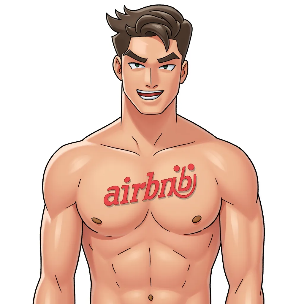 a shirtless man with the airbnb logo on his nipples