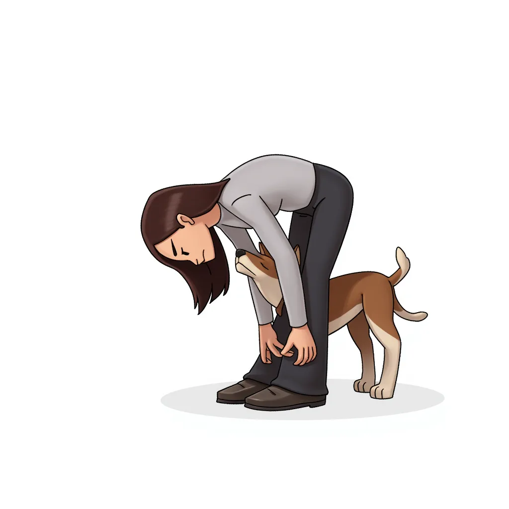 bent over female with a dog behind her