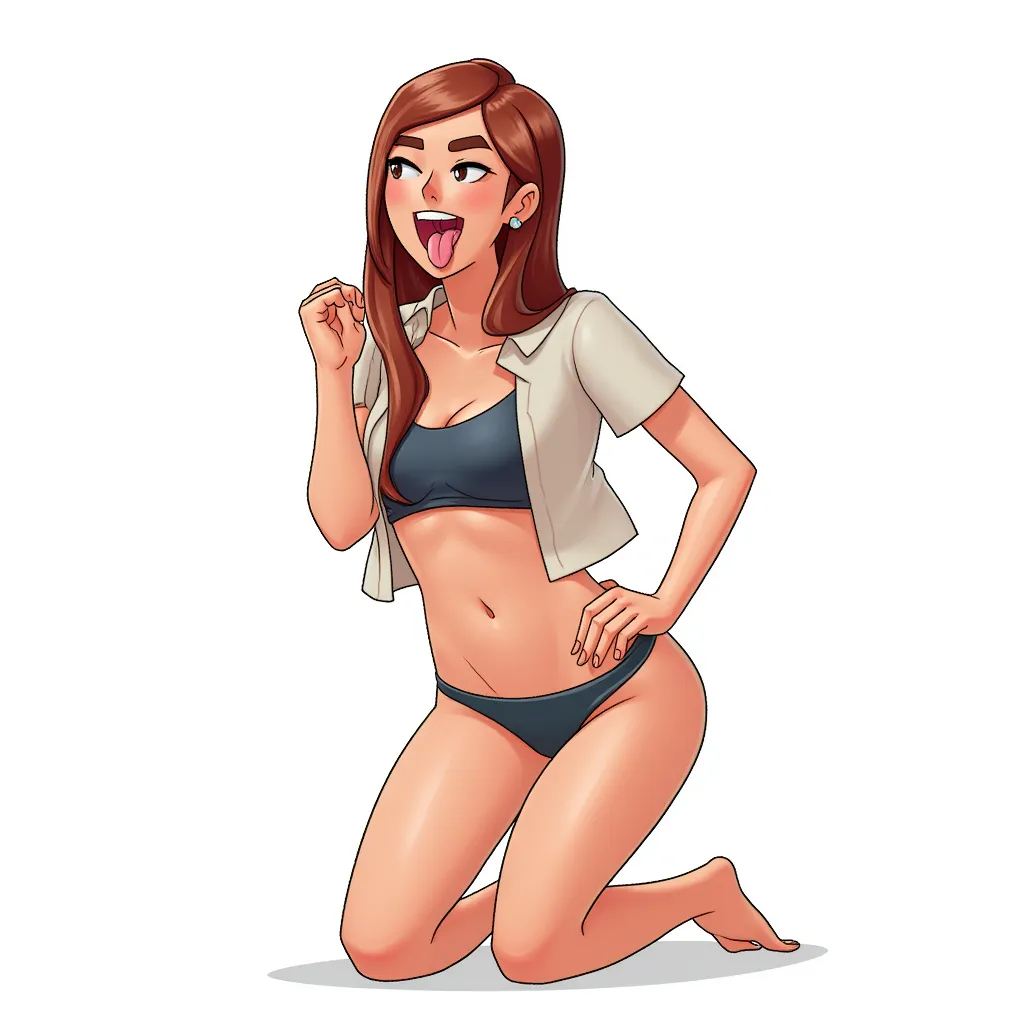 female kneeling, mouth open, tongue out