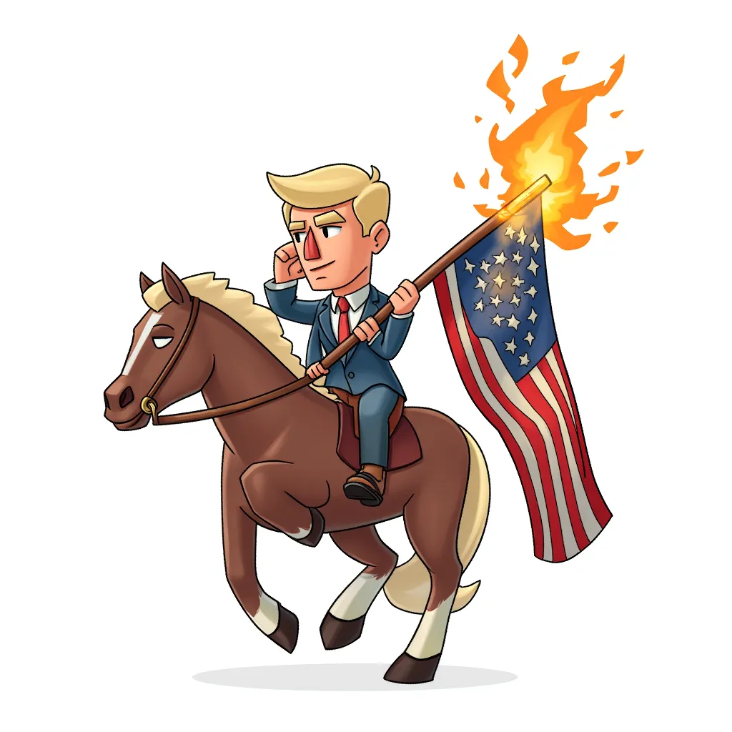 Putin riding trump with a burning american flag