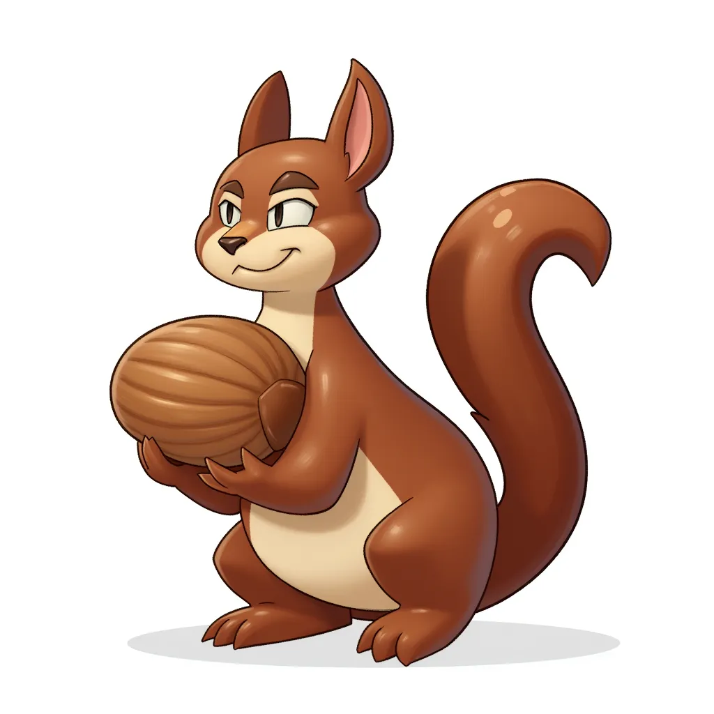 squirrel with huge nuts in the style of AIBG, white background
