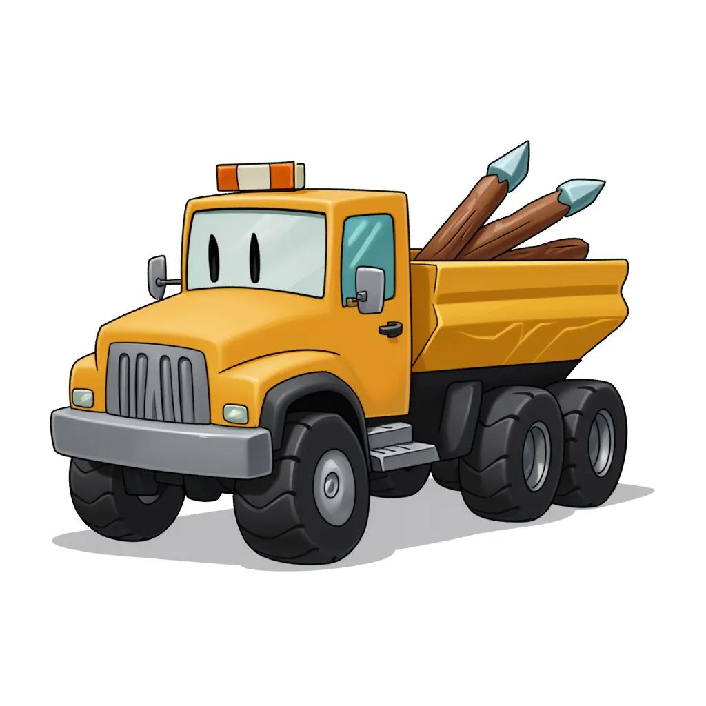 Construction pick up truck from the 90s, it carries two sharpened logs on it's trunk.