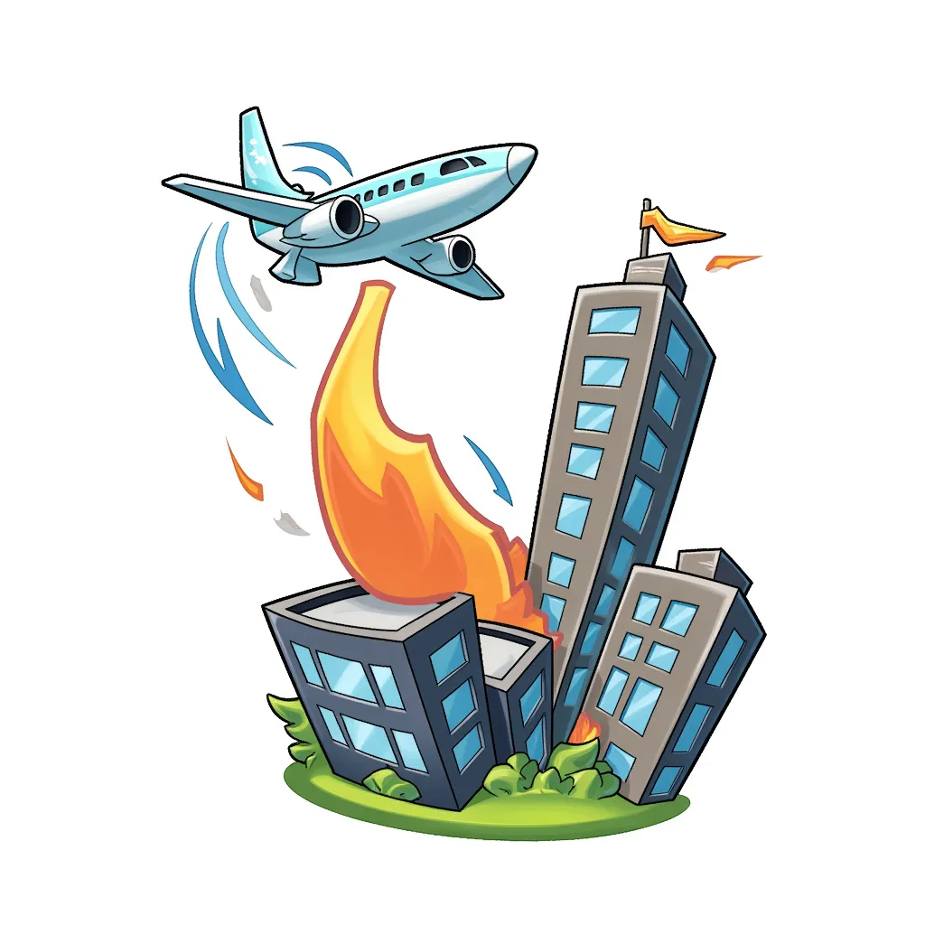 plane flying next to tall building, explosion fire in the style of AIBG, white background