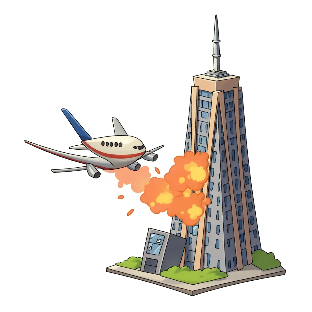 plane flying next to tall building, explosion fire