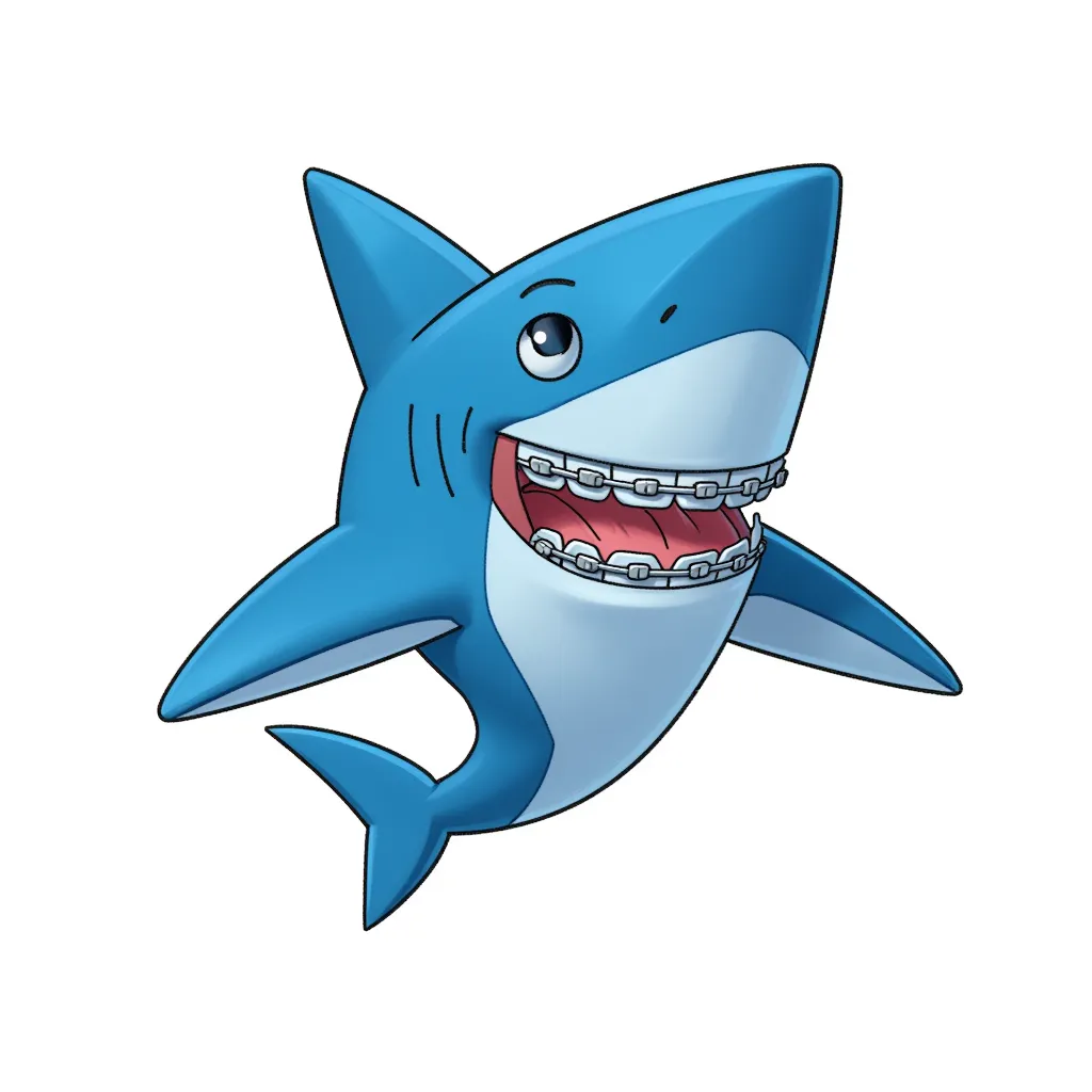 A fearsome blue shark, but he's still going through puberty so he is really akward and uses braces.