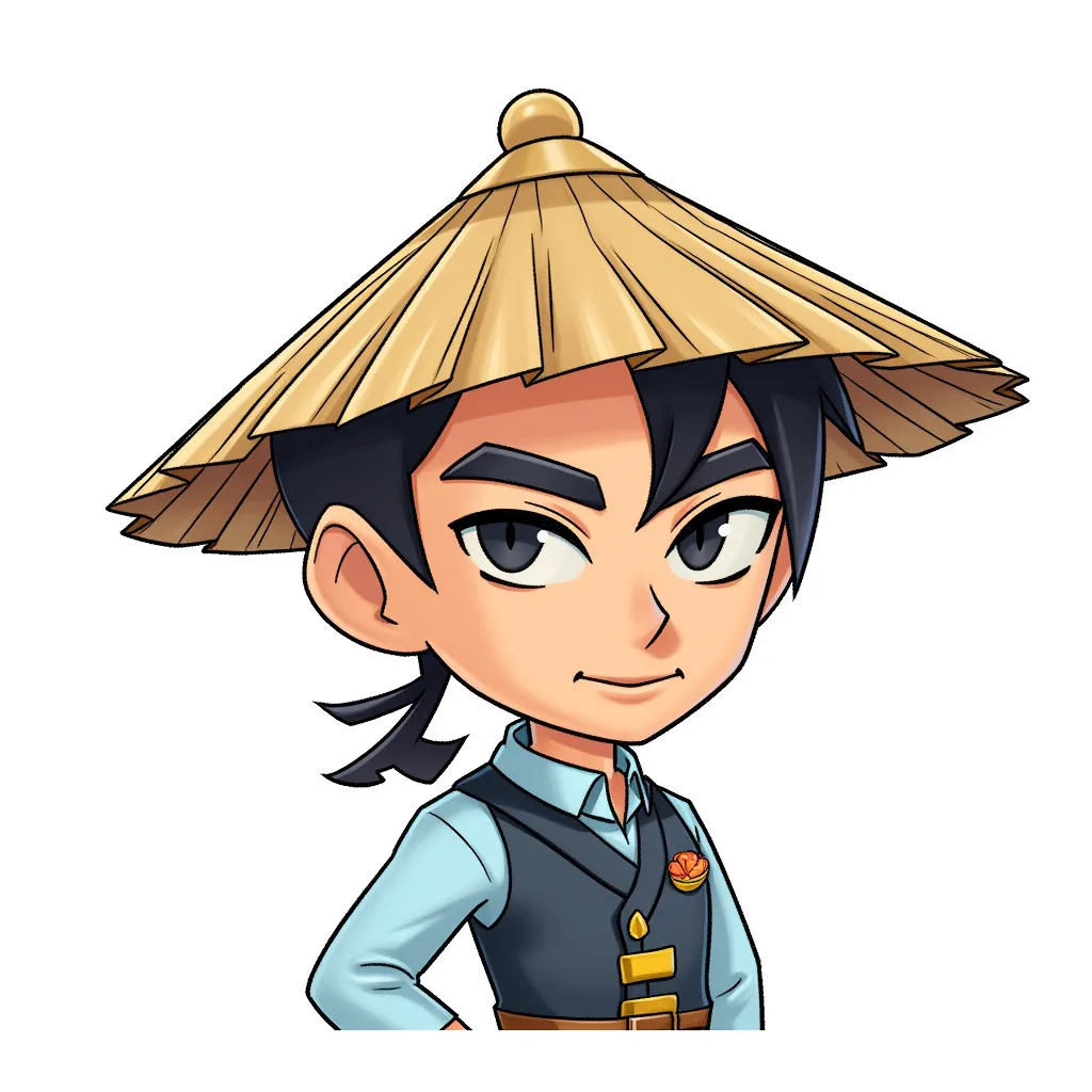 chinese man straw hat, line for eyes in the style of AIBG, white background