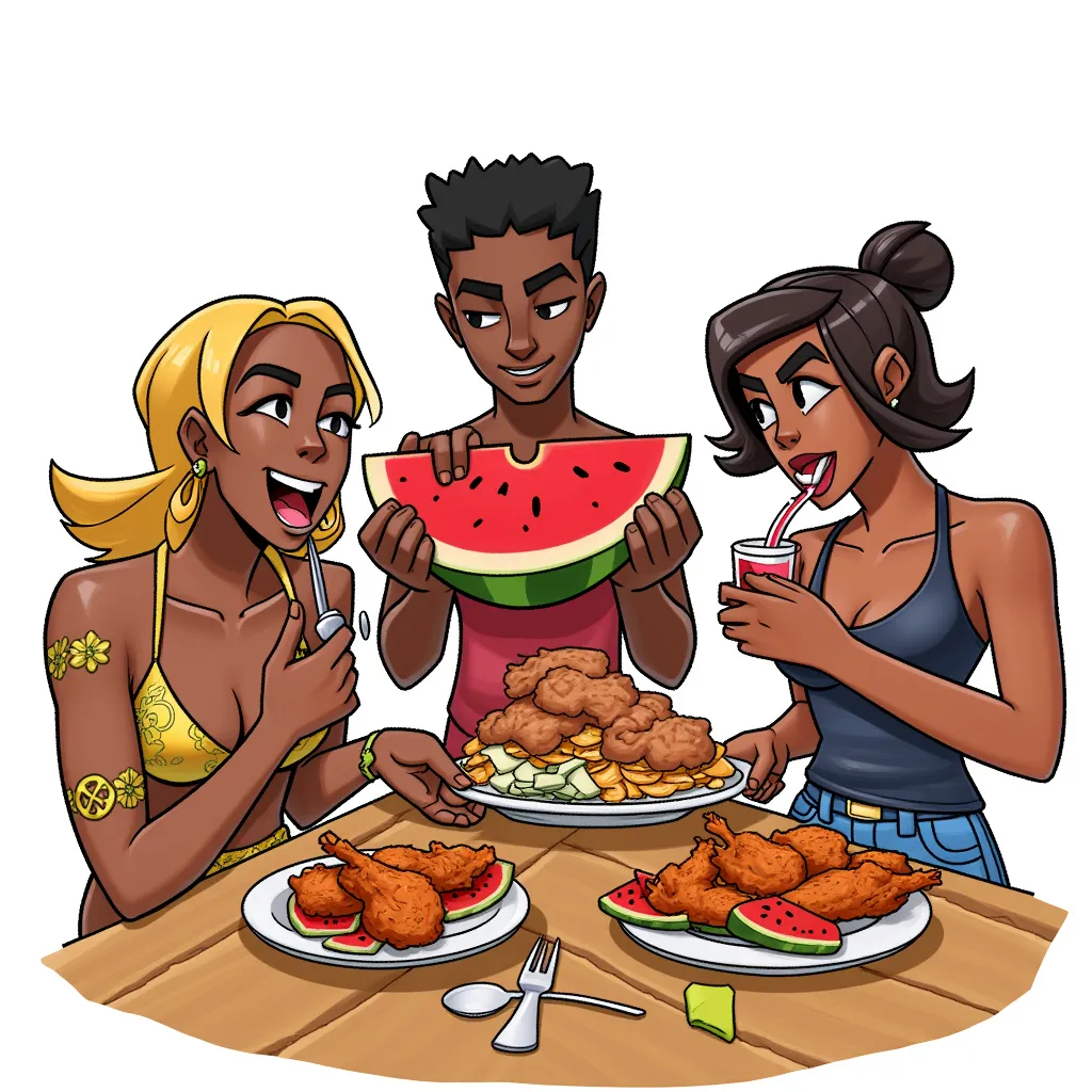 Black people enjoying watermelon and fried chicken