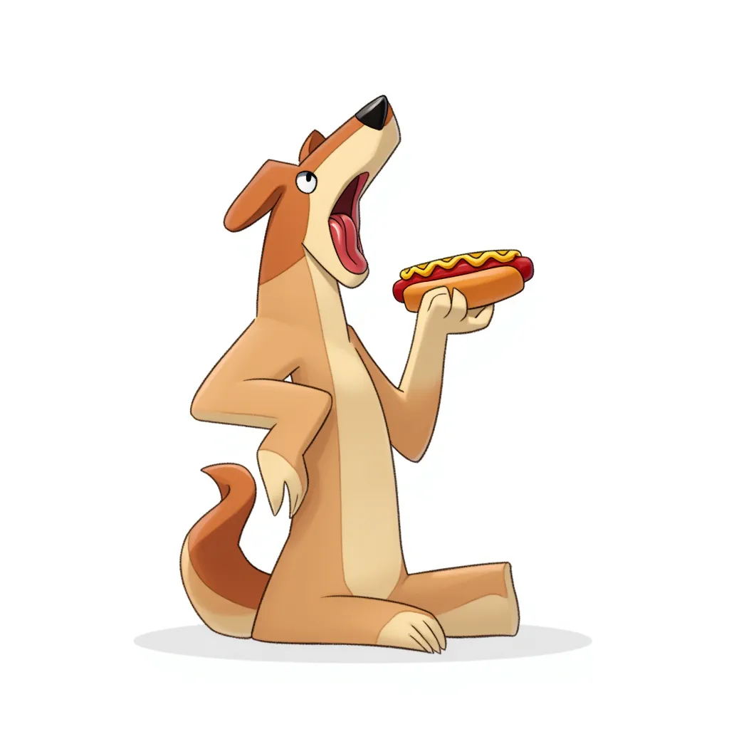 female kneeling mouth open facing dog standing up with a hot dog attached to its stomach