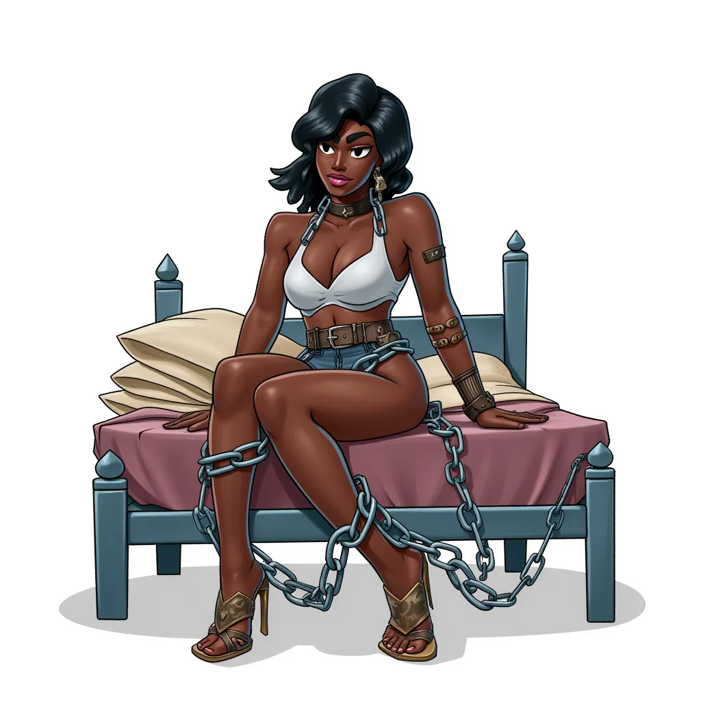 a black woman chained to a bed in the style of AIBG, white background