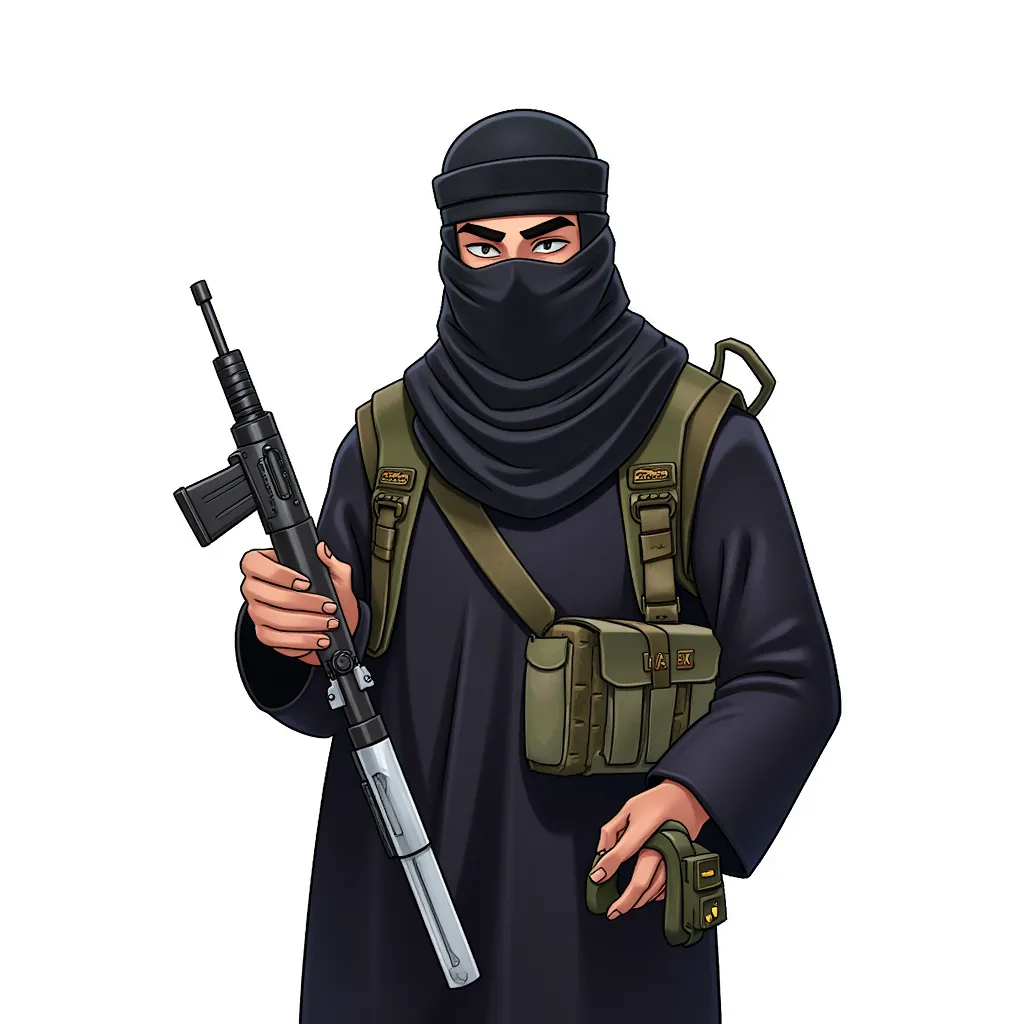 muslim suicide bomber terrorist in the style of AIBG, white background