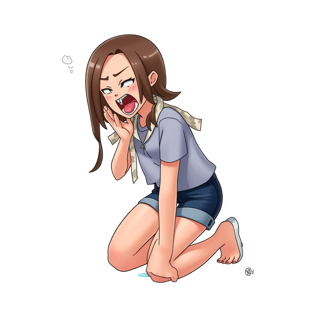 female kneeling, mouth open, tongue out, drooling