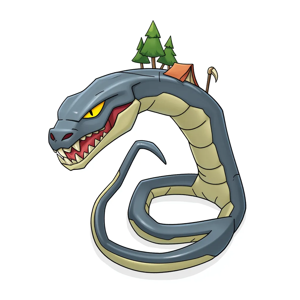 cartoon illustration of a massive gray serpent with glowing yellow eyes, sharp teeth, coiled body, and small trees and a tent on its back for scale, clean line art, flat digital shading, centered on white background, stylized chibi monster design, fantasy tone