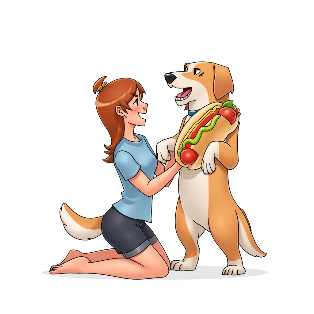 female kneeling mouth open facing dog standing up with a hot dog attached to its stomach