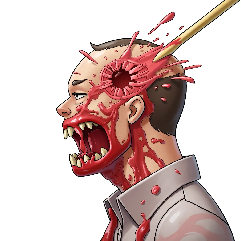 A person being shot in the head, gore guts and blood