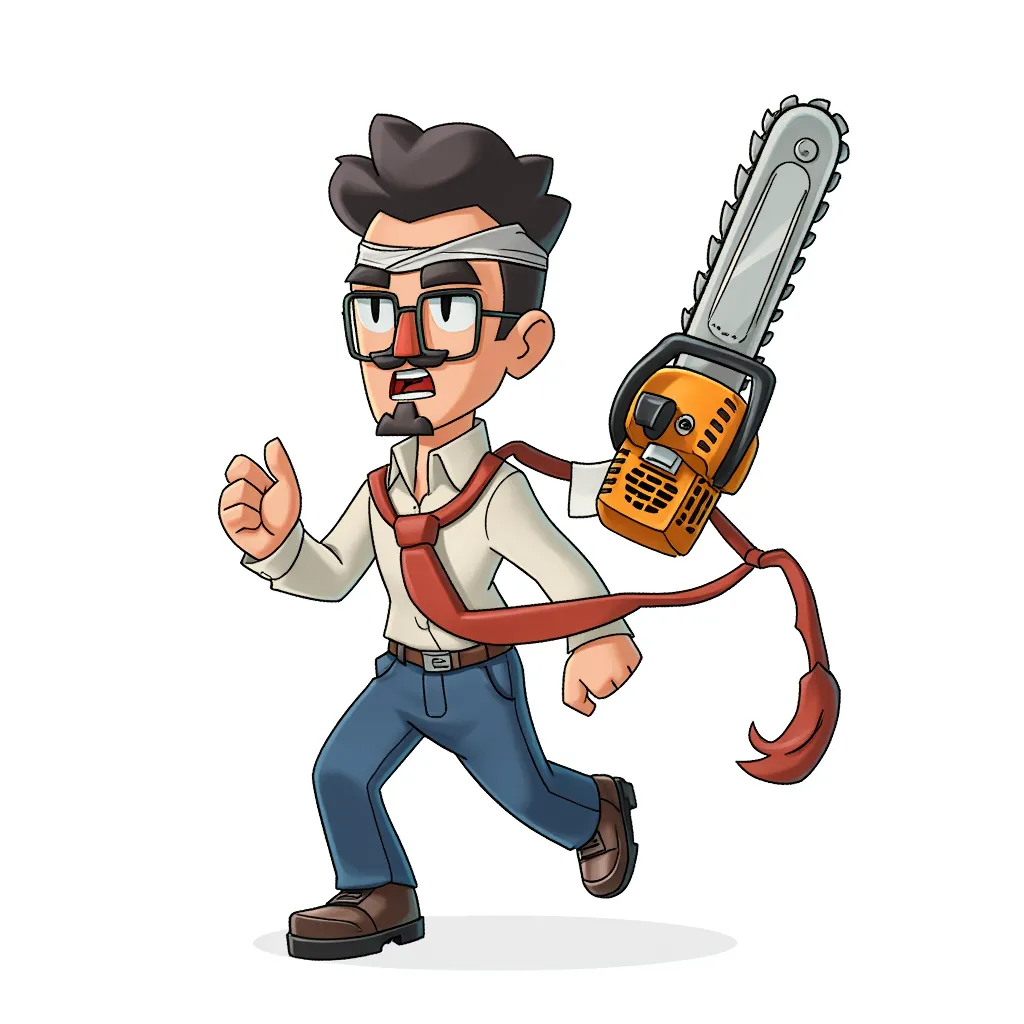 An office man rocking a moustache and glasses, got sick of using paper so he grabbed a chainsaw, wrapped his tie around his forehead and is running to the nearest forest.