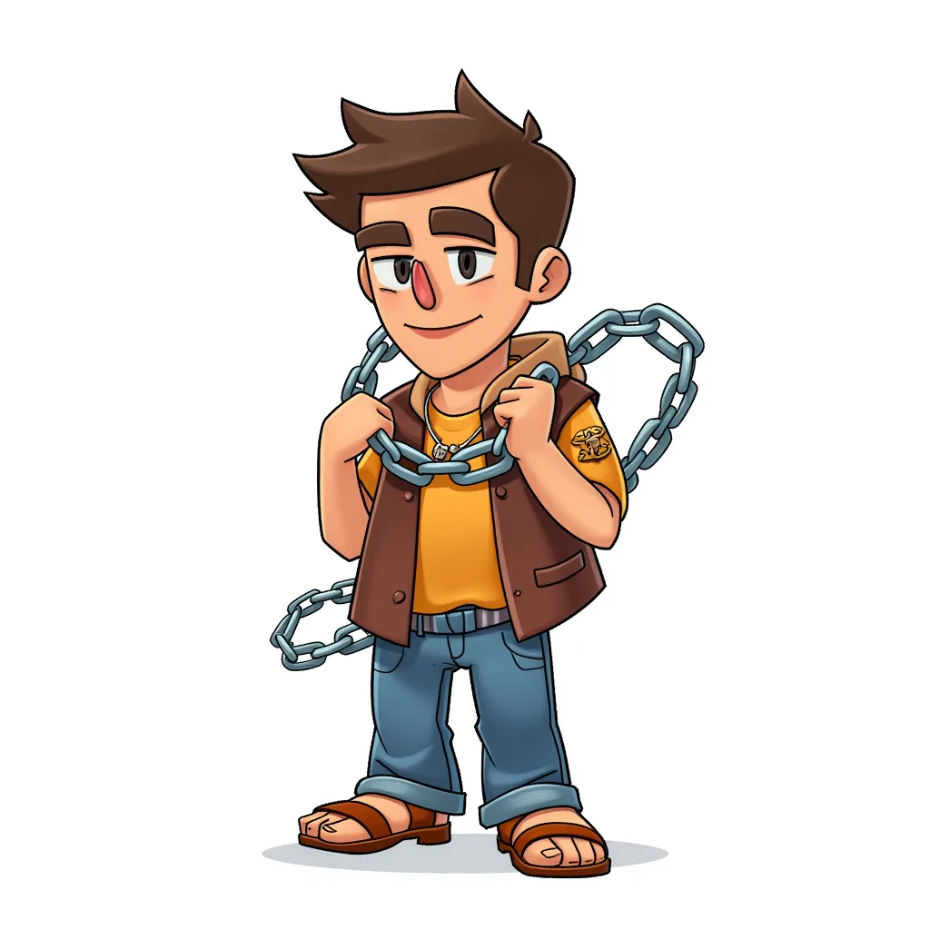 a small brown boy in chains in the style of AIBG, white background