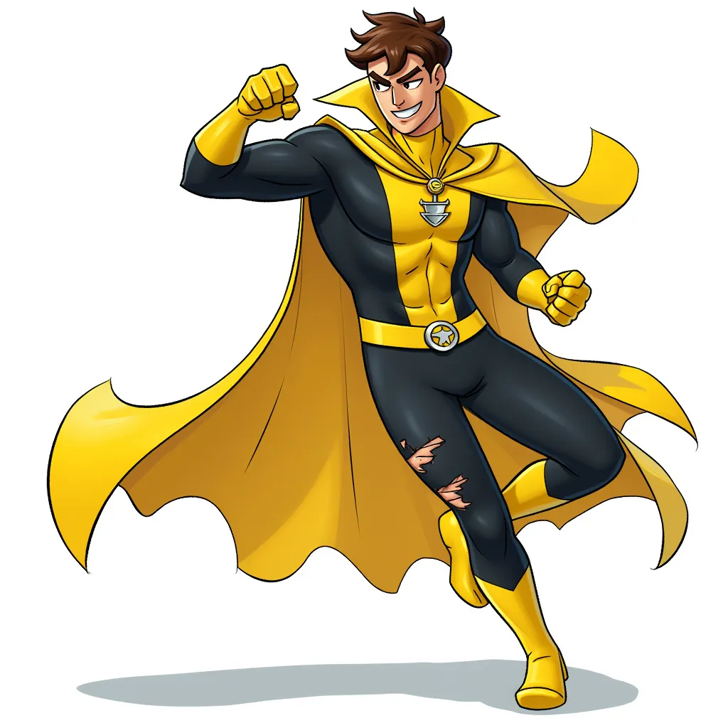 Wearing yellow and black tights he fights crime, but sadly his last  battles have left the suit quite torn.