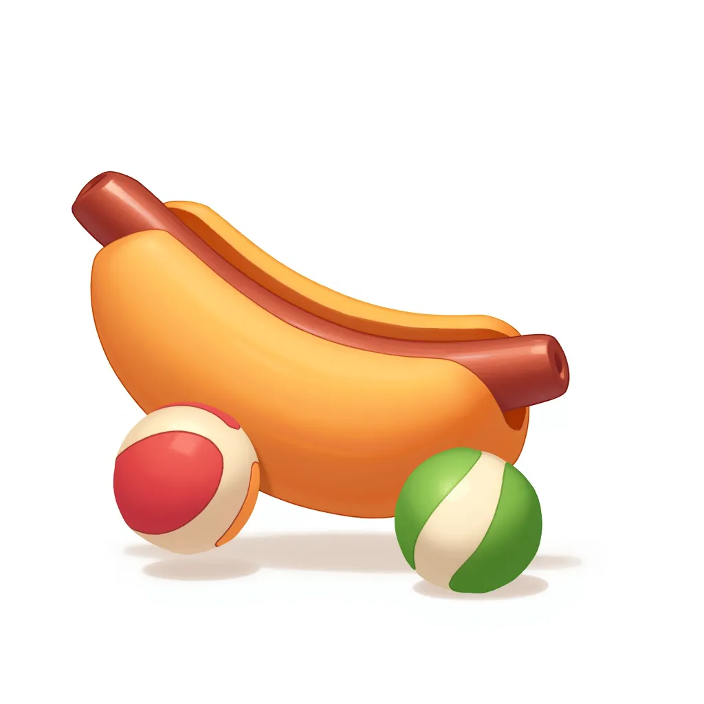 a hot dog with no bun and two beach balls at its feet