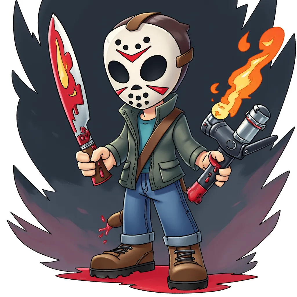 cartoon illustration of a masked horror character wearing a white hockey mask with red markings, dark jacket, blue jeans, brown work boots, and gloves, holding a bloody machete in one hand and a flamethrower with fire in the other, standing against a dark background, stylized chibi proportions, clean line art, soft shading, centered full body character, digital art, dark humor tone