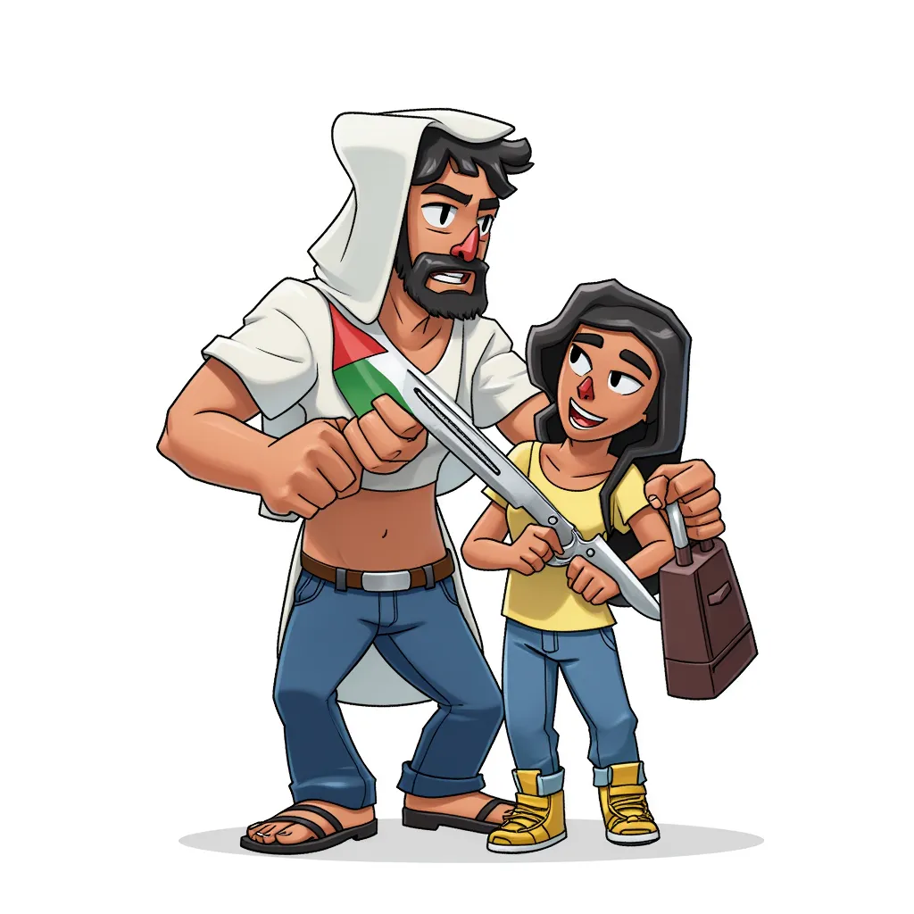 palestinian stabbing a child in the style of AIBG, white background